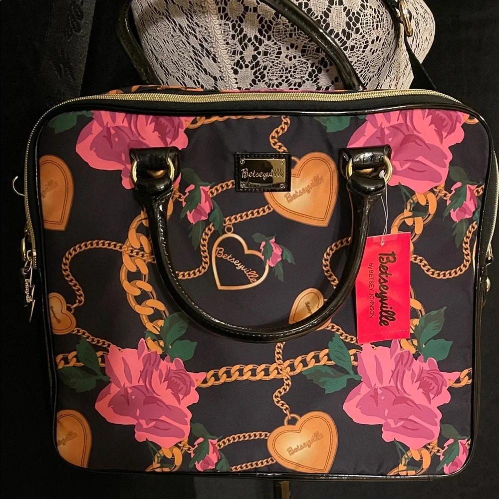 Betsey Johnson Black and Pink Floral Laptop Bag